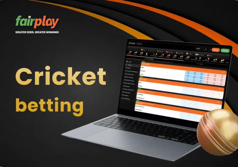 FairPlay cricket betting markets shown on a laptop beside a cricket ball.