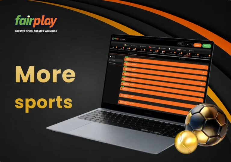 Additional FairPlay sports categories shown on a laptop beside football and tennis balls.