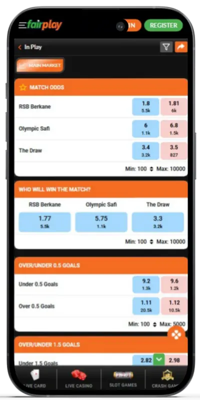 Mobile sportsbook markets in the FairPlay app
