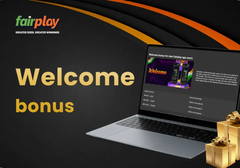 Laptop showing fairplay welcome bonus offers with gift boxes positioned next to the screen.