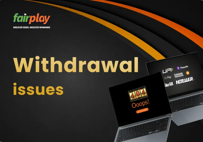 Two laptops showing a fairplay withdrawal error message and available cashout methods side by side.